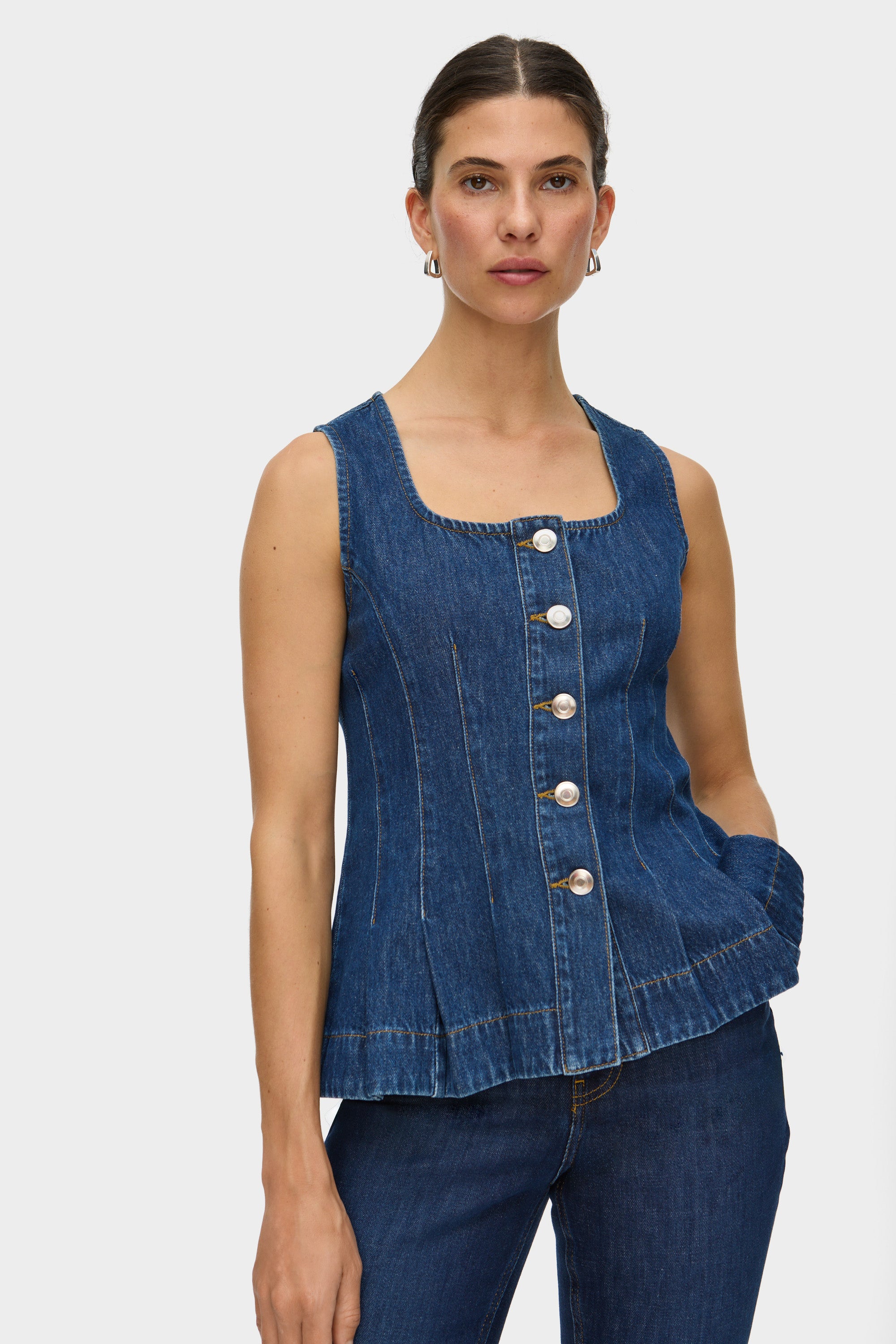 ALIGNE Pleated Waisted Denim Top - Blue | Valentina
