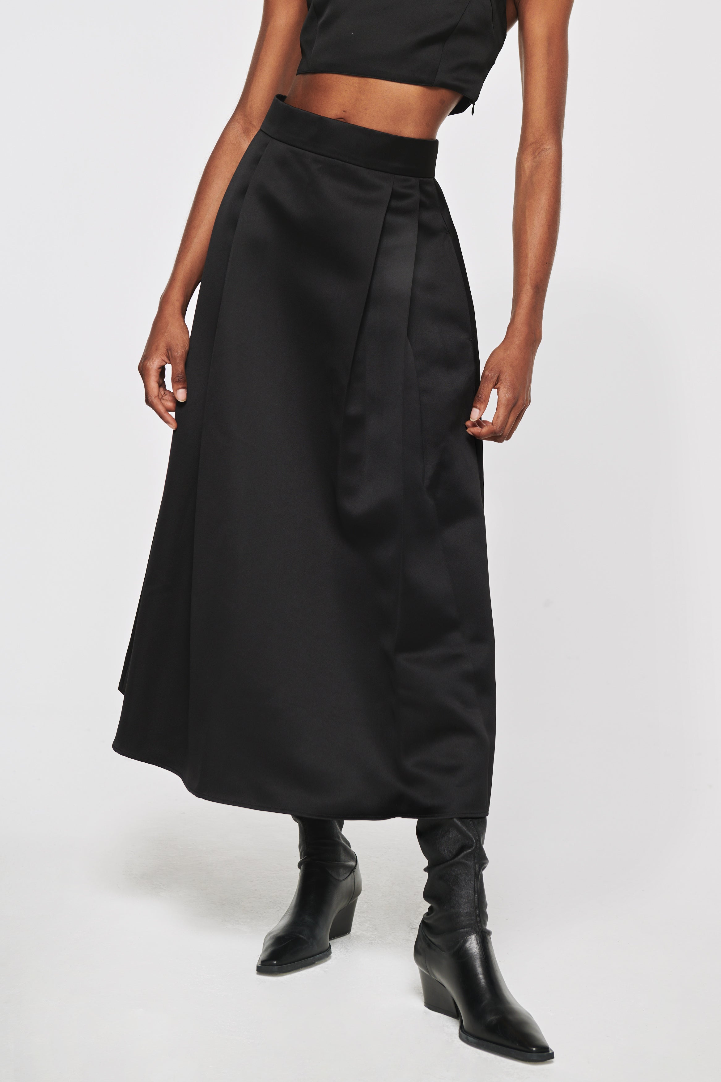 Lux, Satin Full Midi Skirt in Black