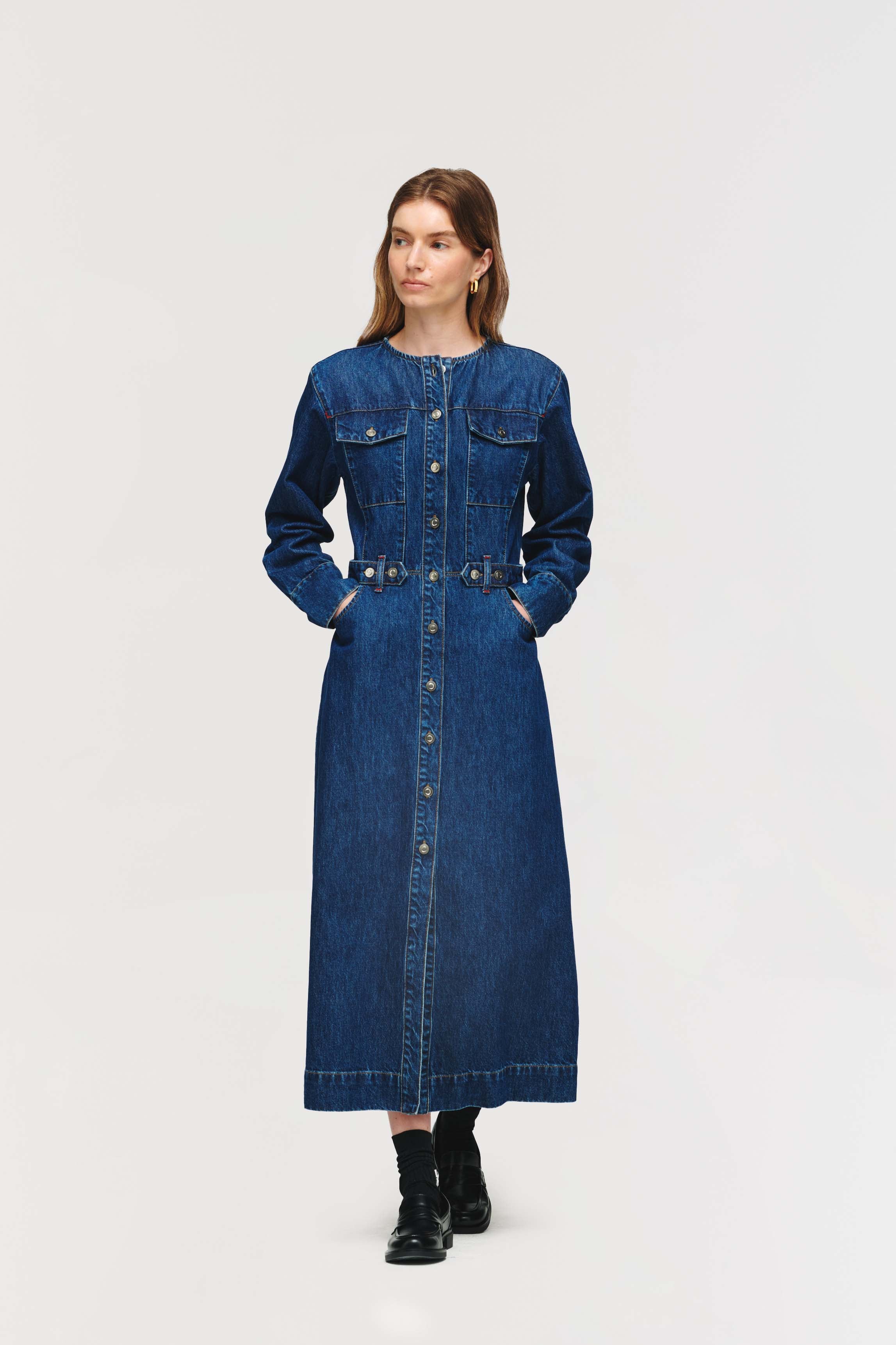Parsons | Denim Midi Dress in Mid Wash Parsons | Denim Midi Dress in Mid Wash