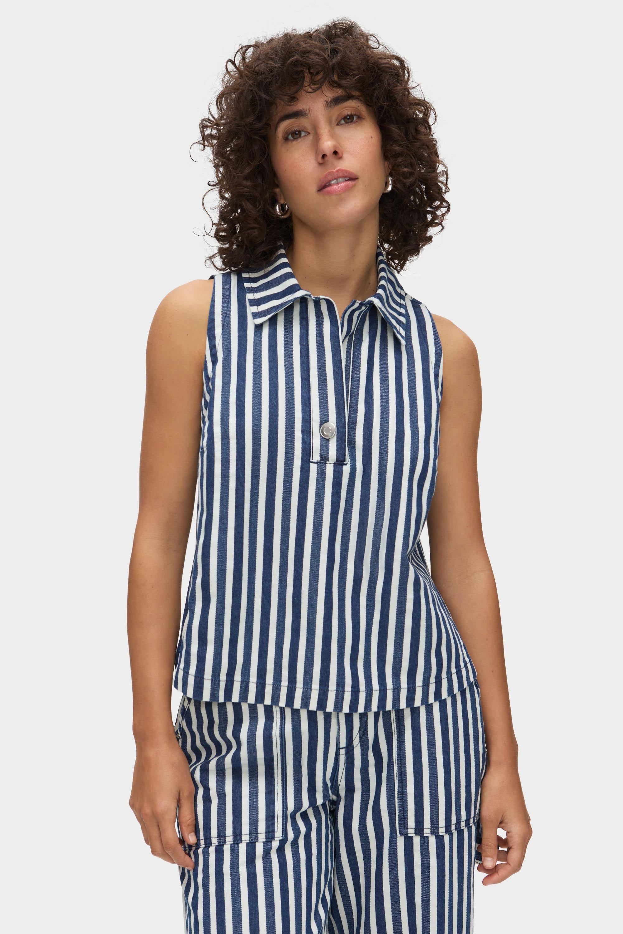 ALIGNE Striped Collared Sleeveless Top Blue Peg