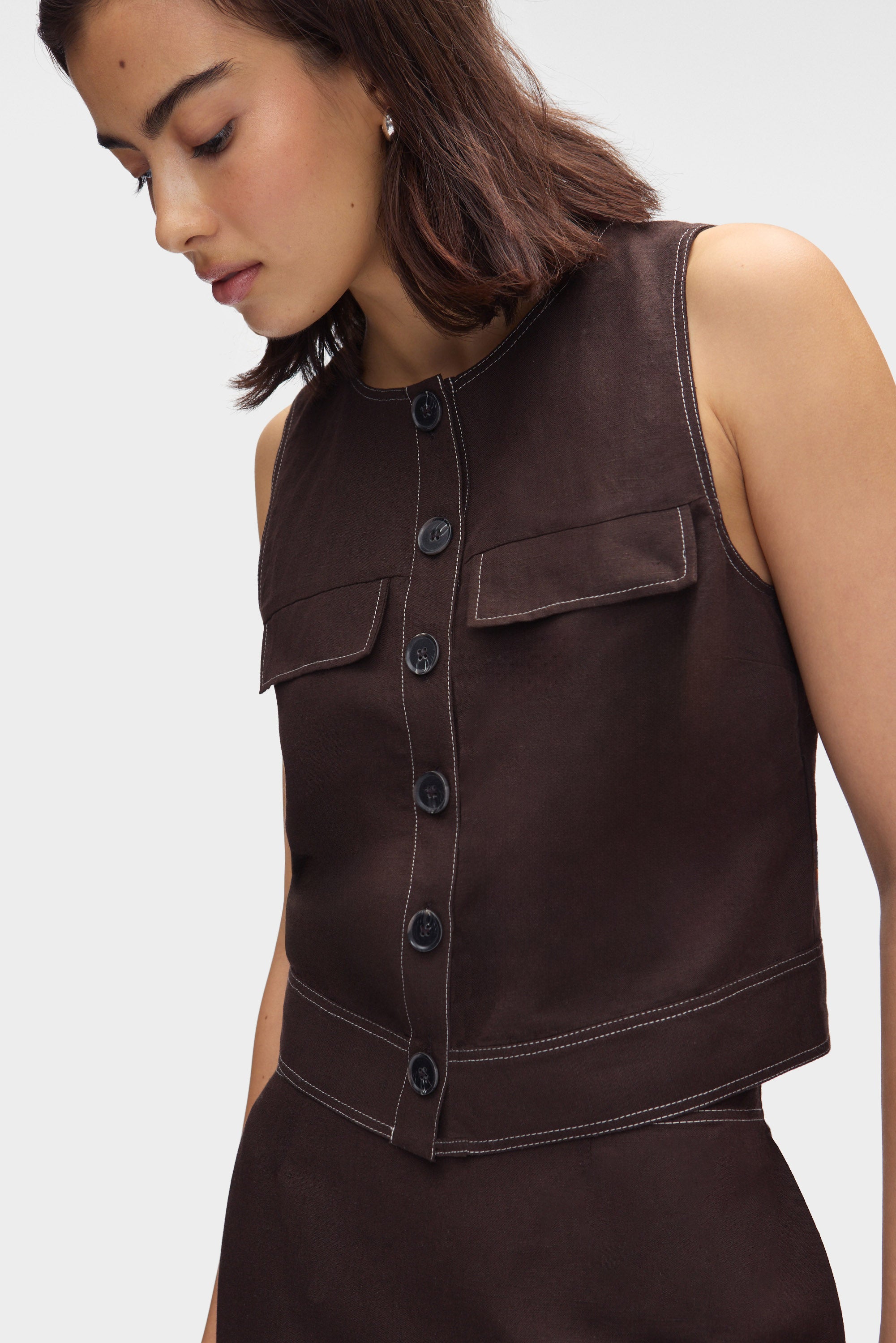ALIGNE Button Up Linen Top - Brown | Summer