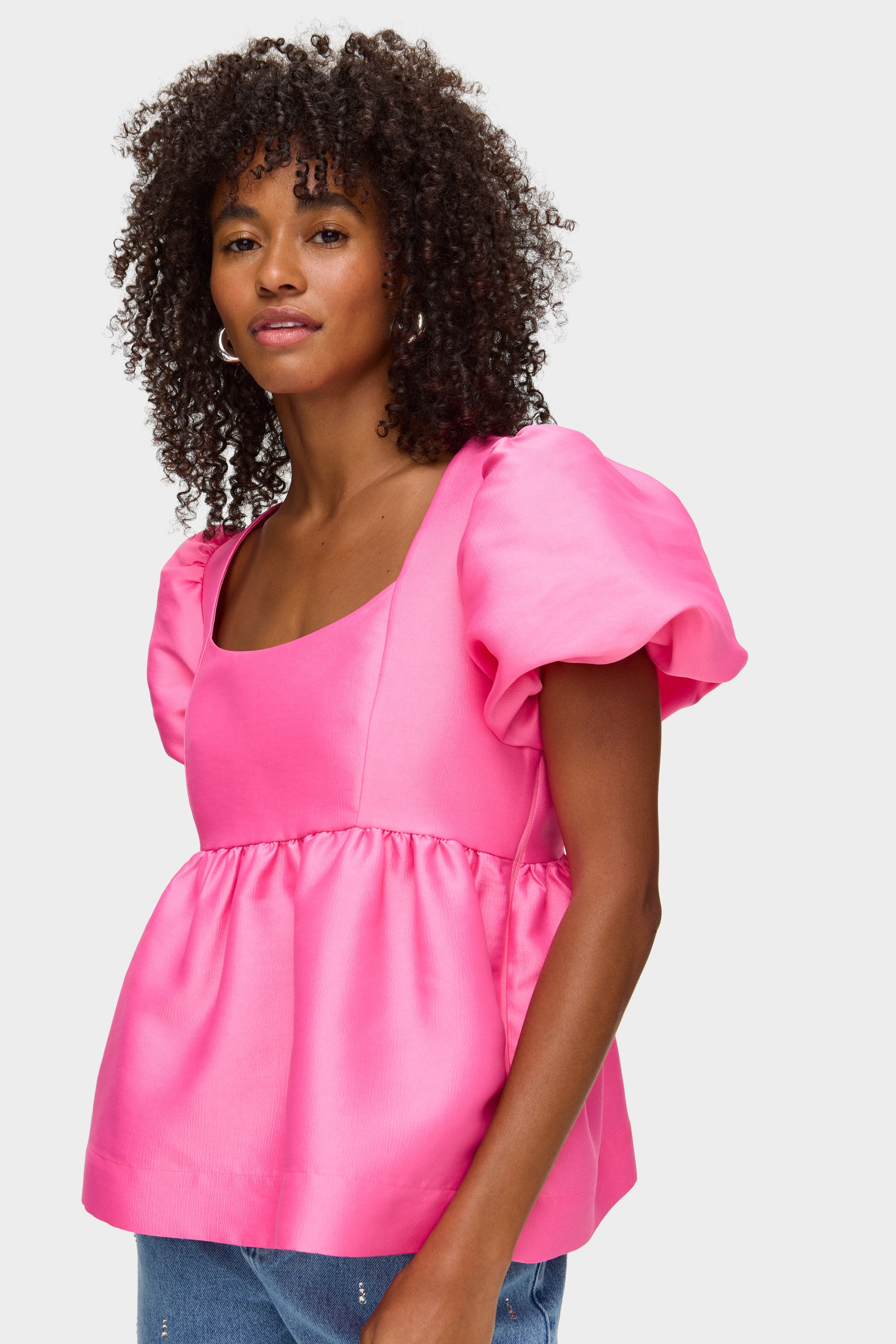 ALIGNE Puff Sleeve Peplum Satin Top - Pink | Allanah