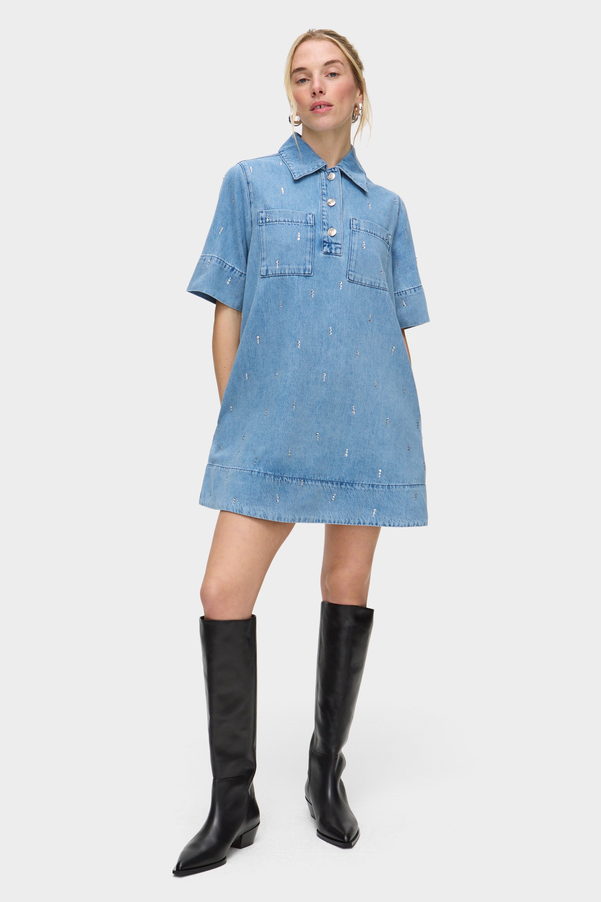 ALIGNE Diamante Short Sleeve Denim Dress - Blue ALIGNE Diamante Short Sleeve Denim Dress - Blue