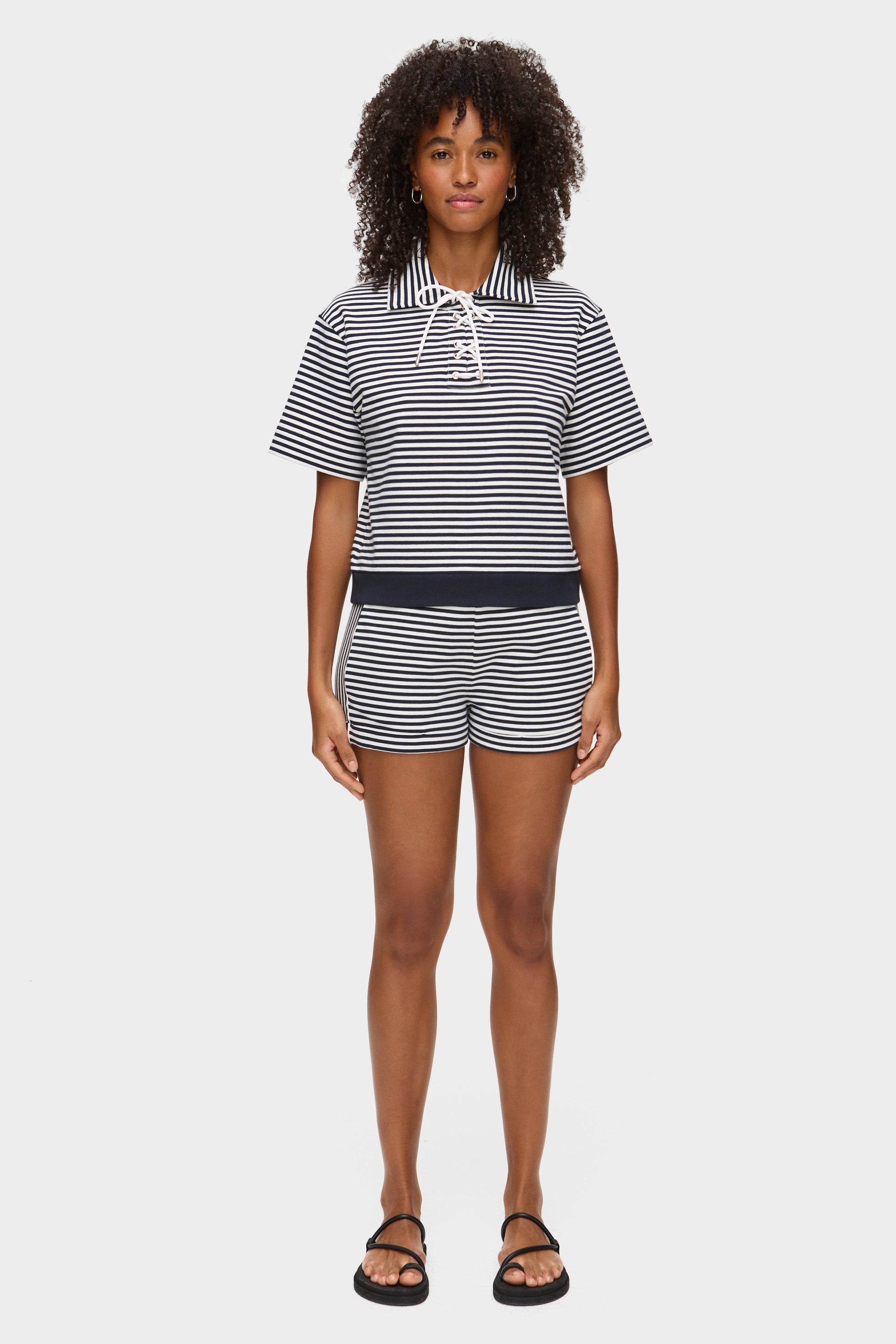 navy blue and white striped shorts