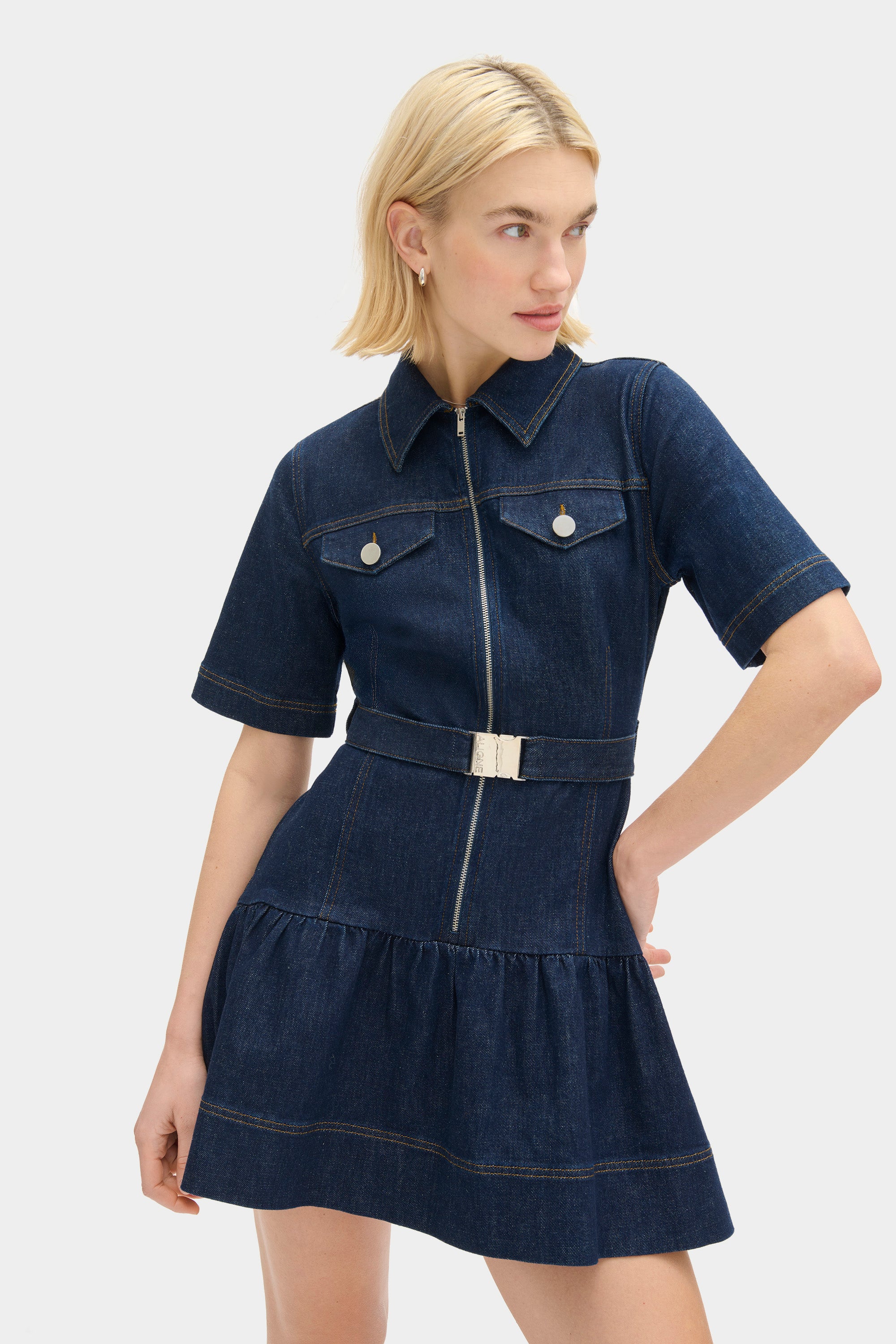 aligne denim mini dress ALIGNE Belted Denim Mini Dress - Blue | Amanda