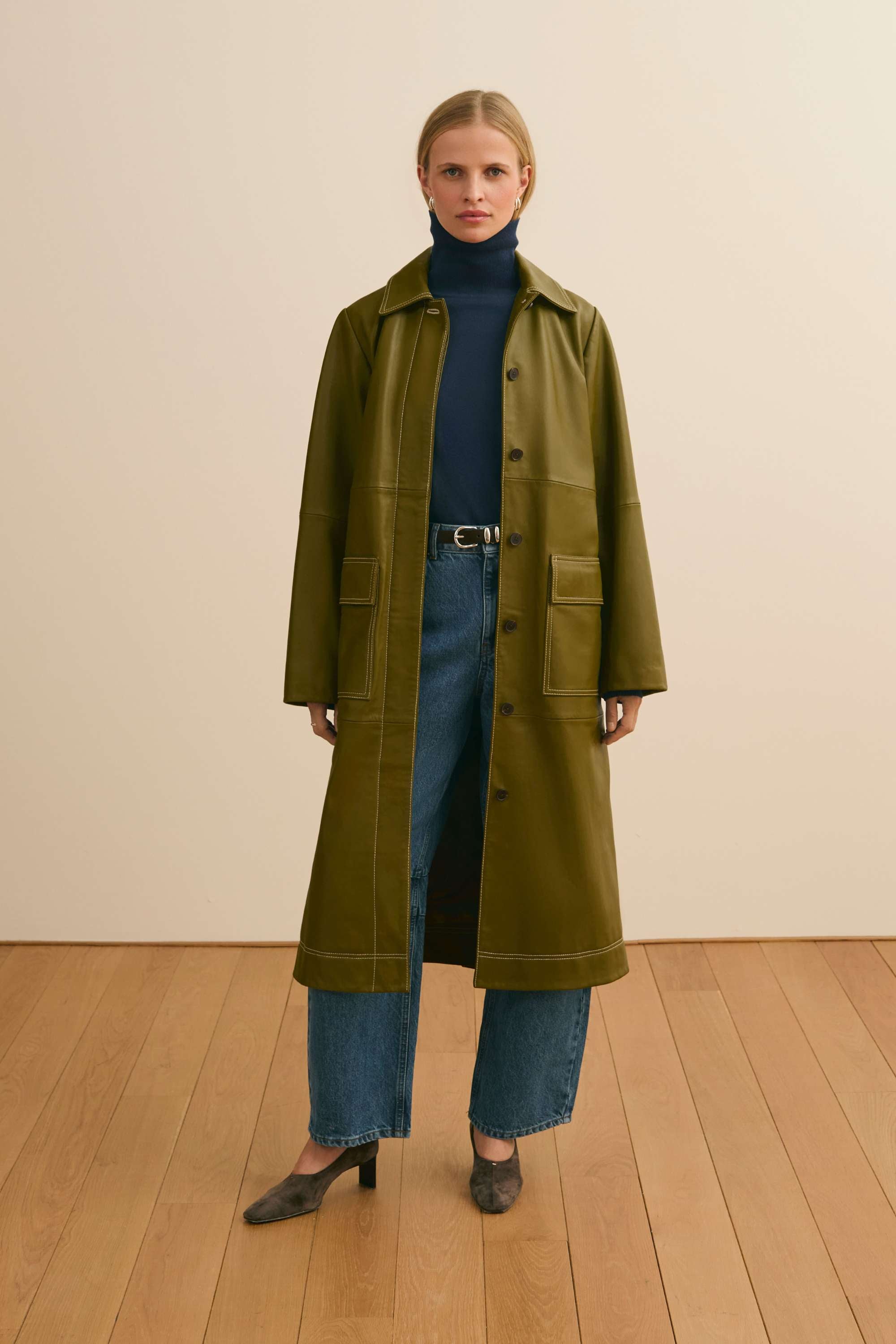 ALIGNE Leather Trench Coat - Green | Aspen