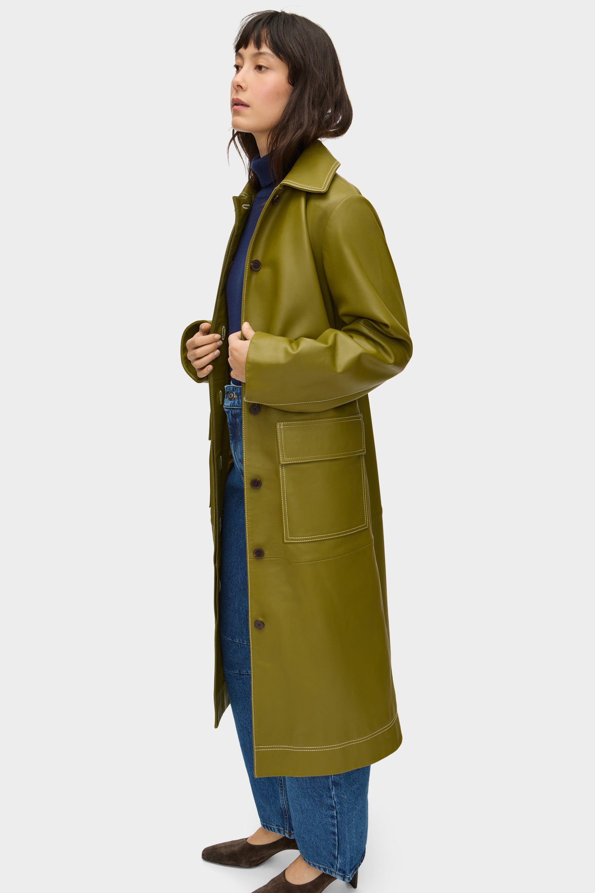 ALIGNE Leather Trench Coat - Green | Aspen