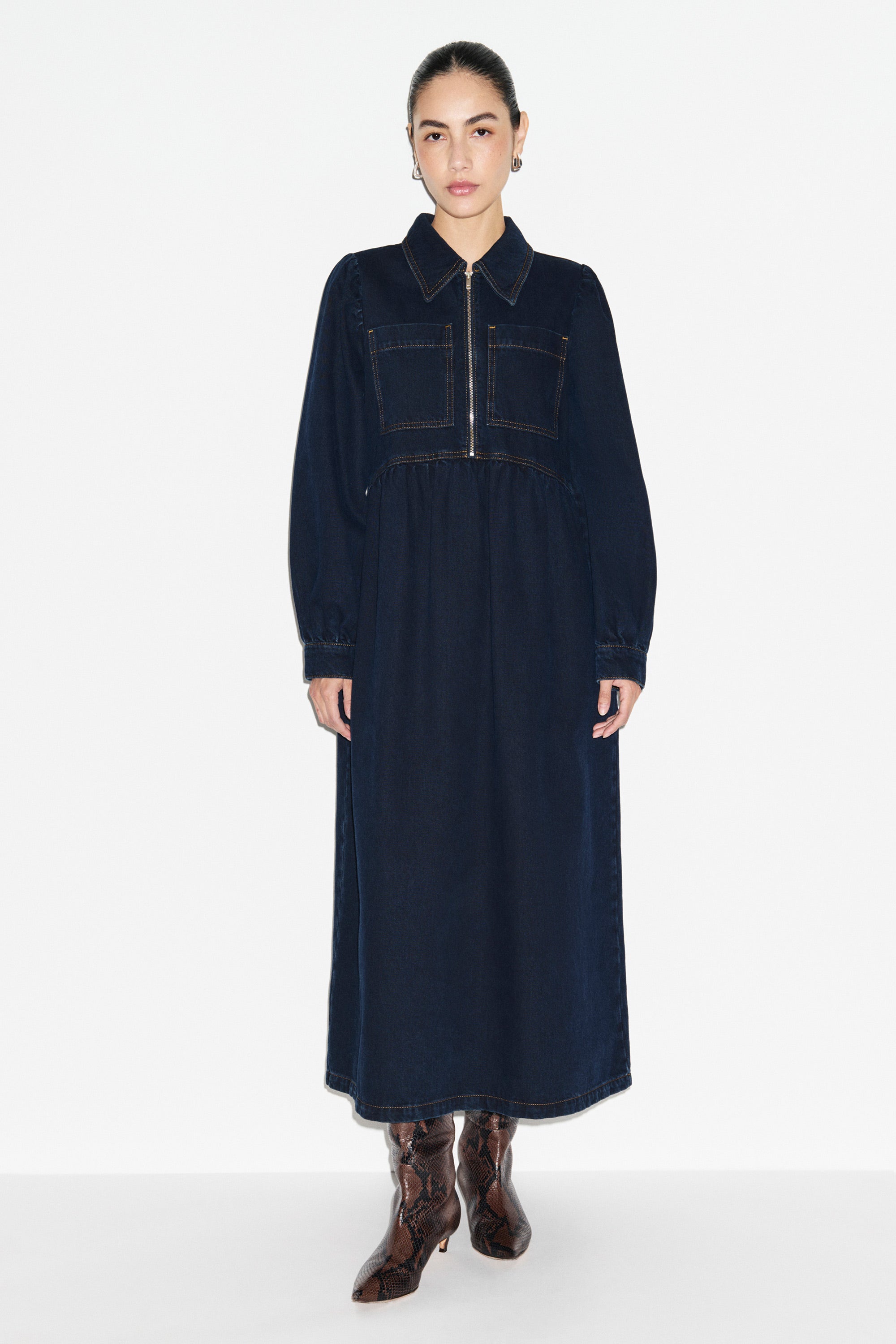ALIGNE Denim Long Sleeve Midi Dress - Blue