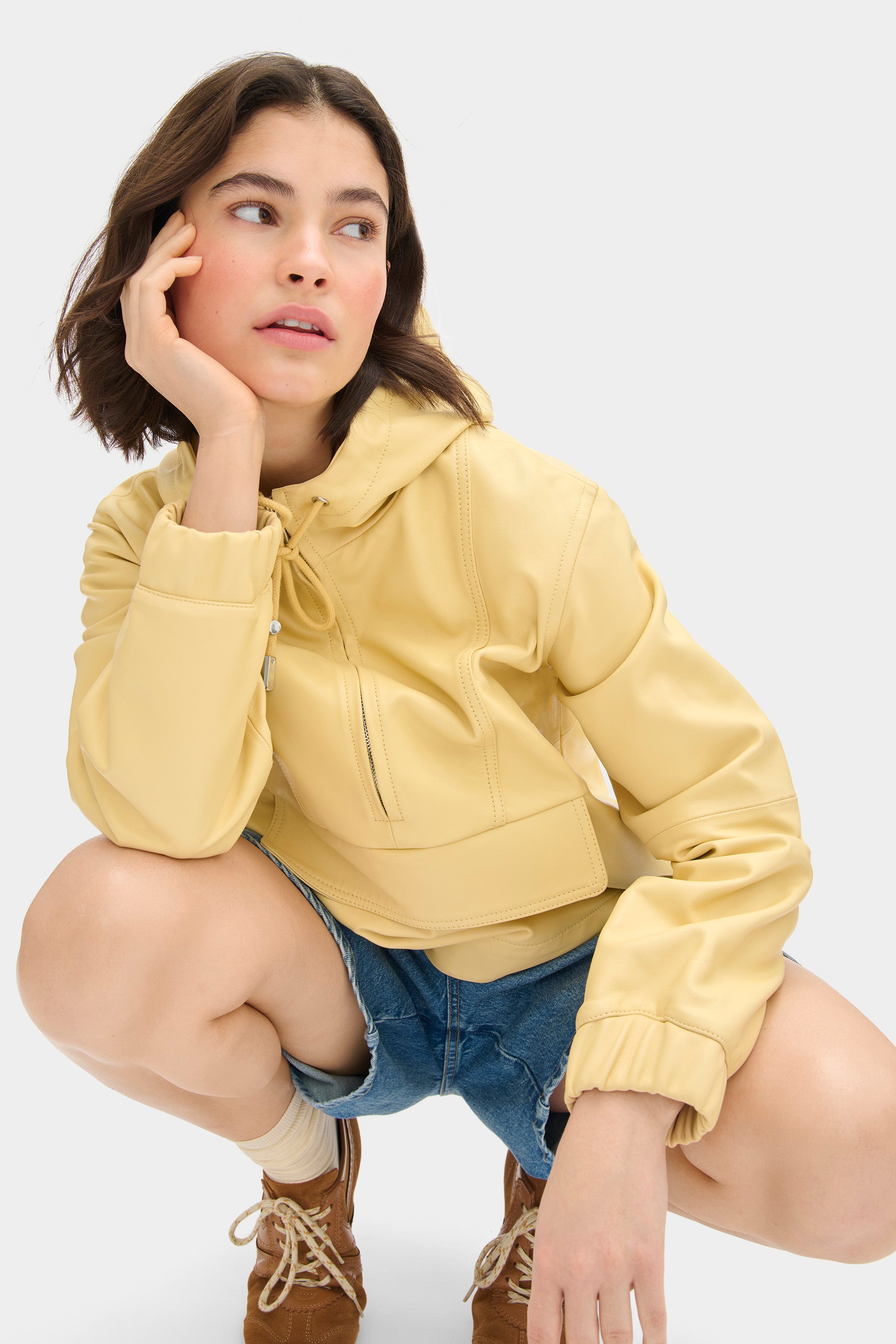 ALIGNE Leather Hooded Jacket - Yellow | Alexia