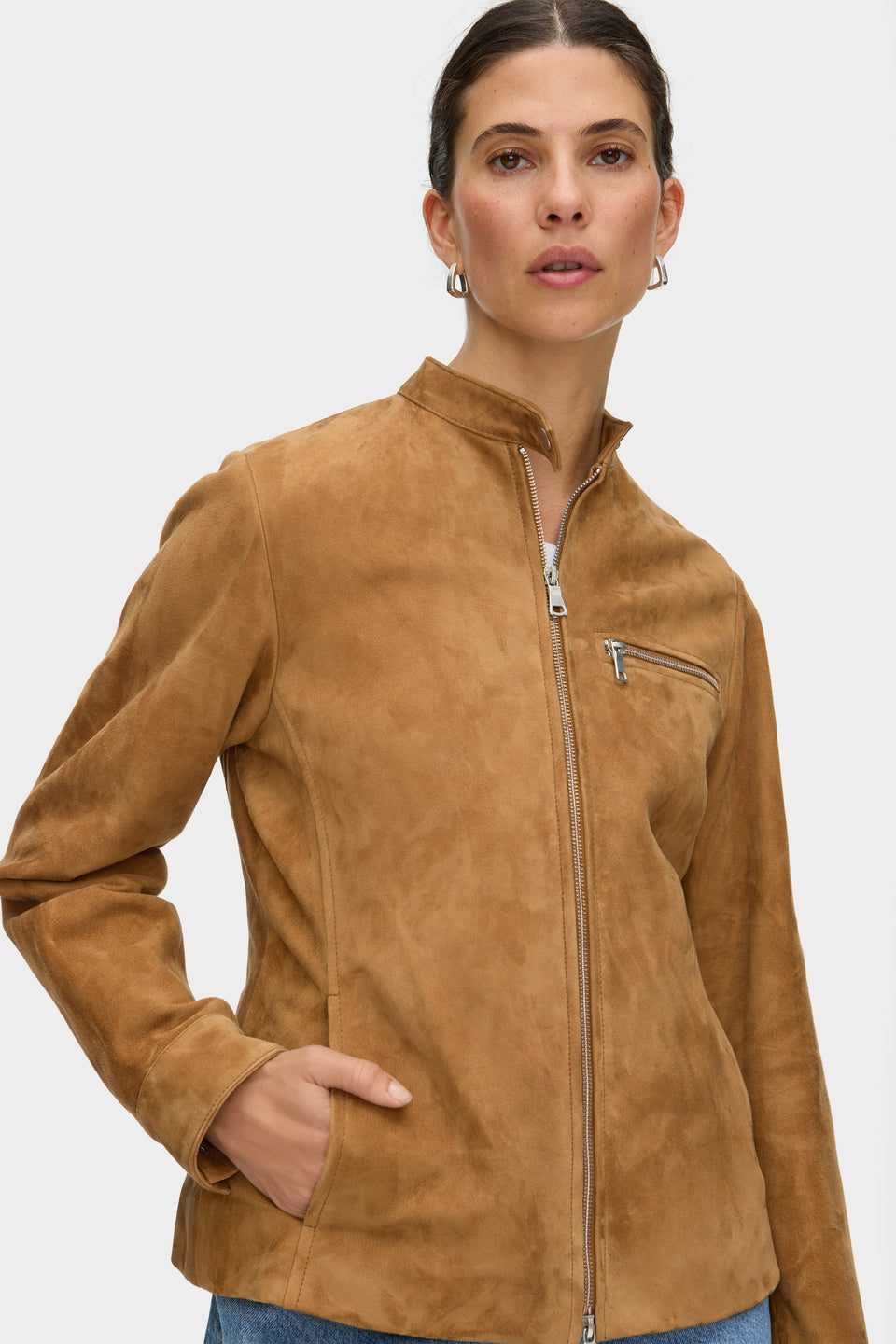 mid-range minimal zip suede jacket for women