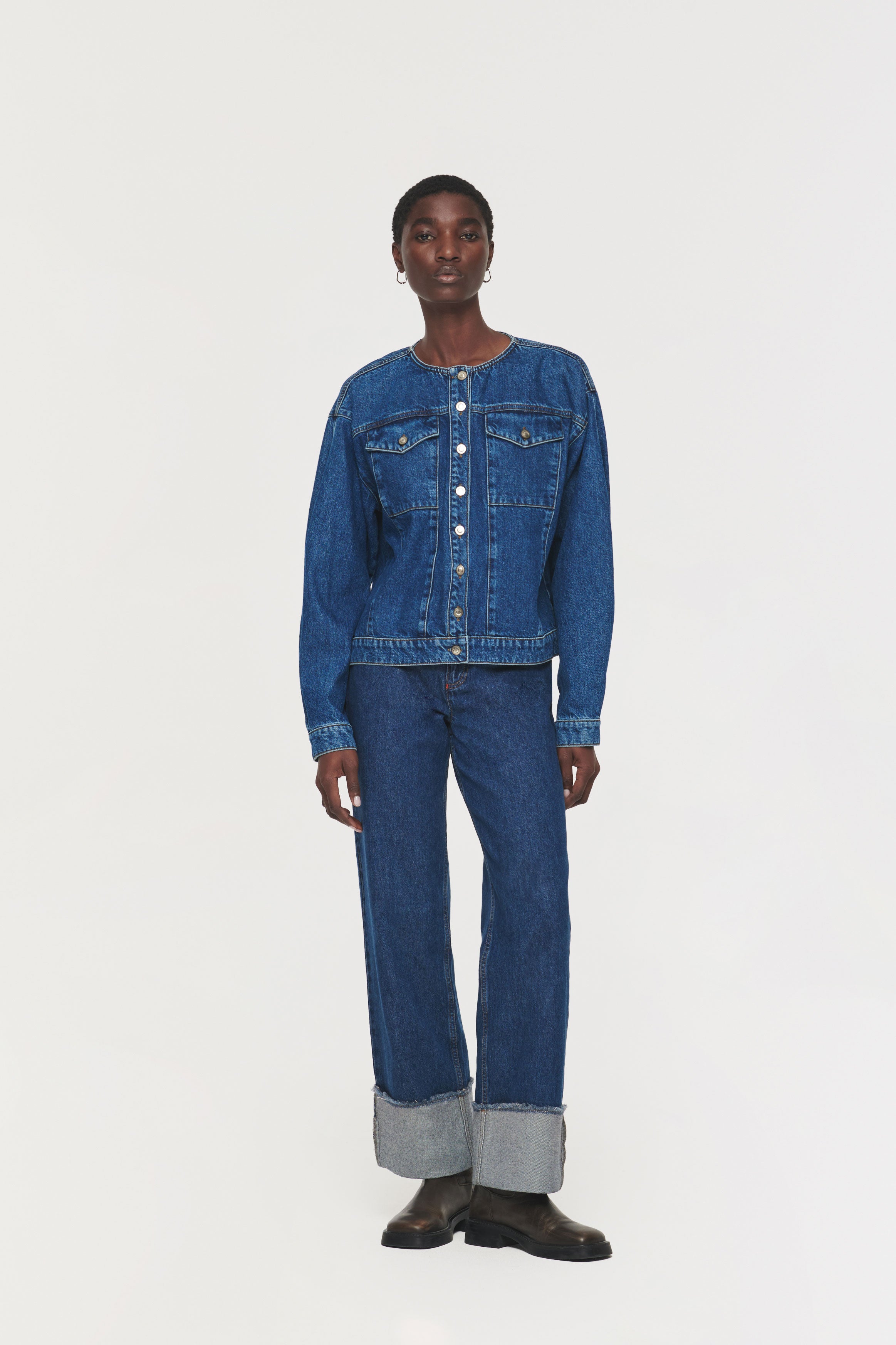 Moto | Collarless Denim Jacket in Mid Blue | ALIGNE