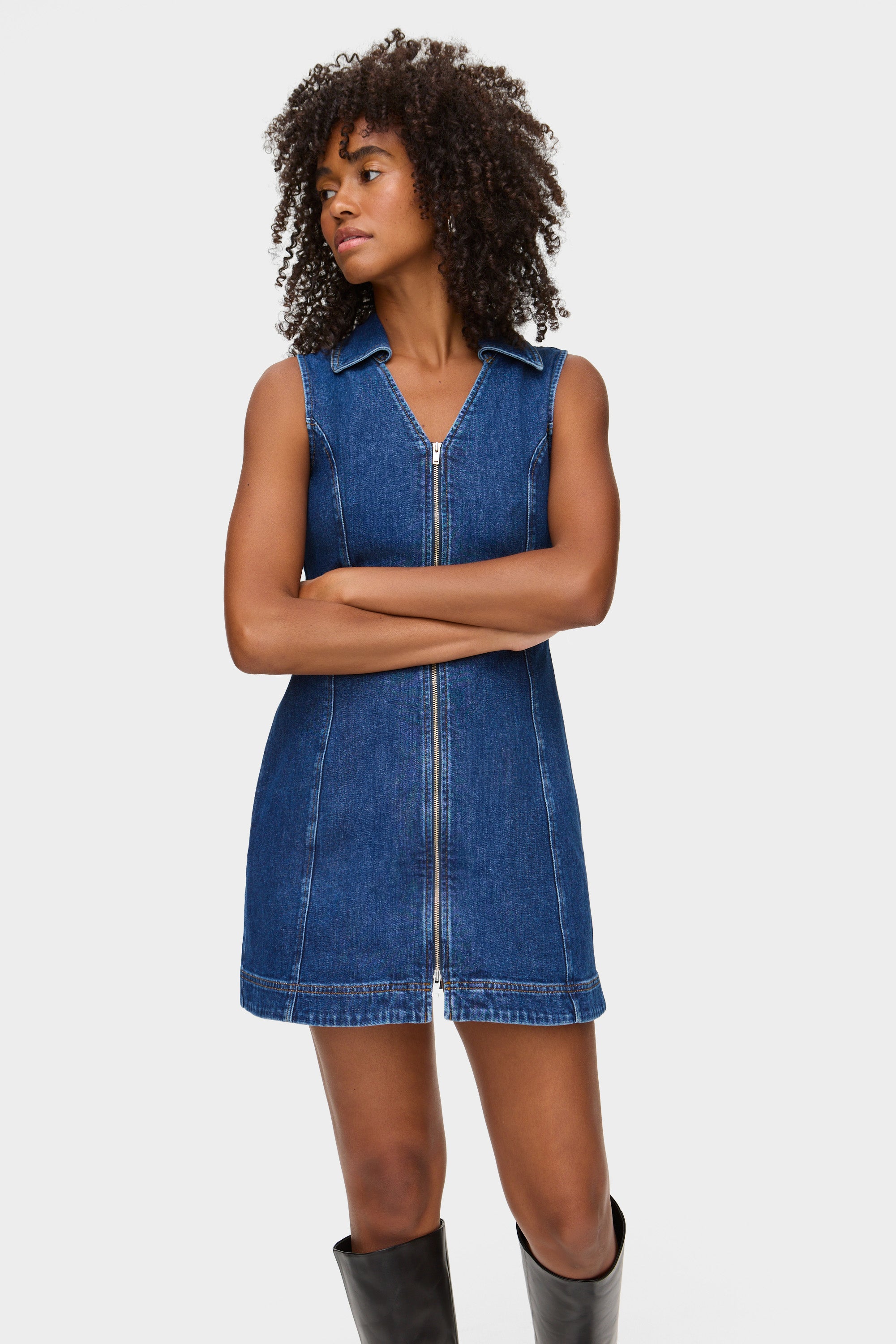 ALIGNE Zip Front Mini Denim Dress - BLUE | Ardy
