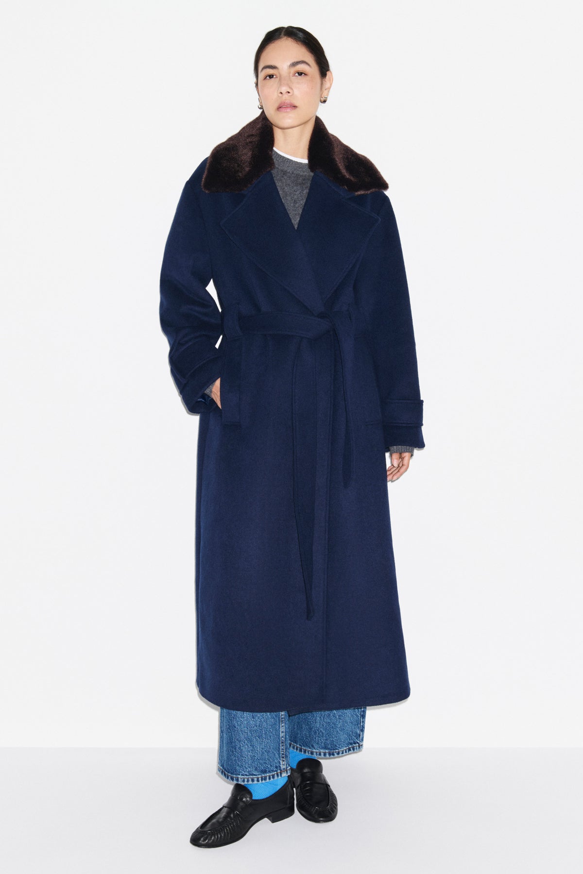 George Faux Fur Collar Wrap Coat